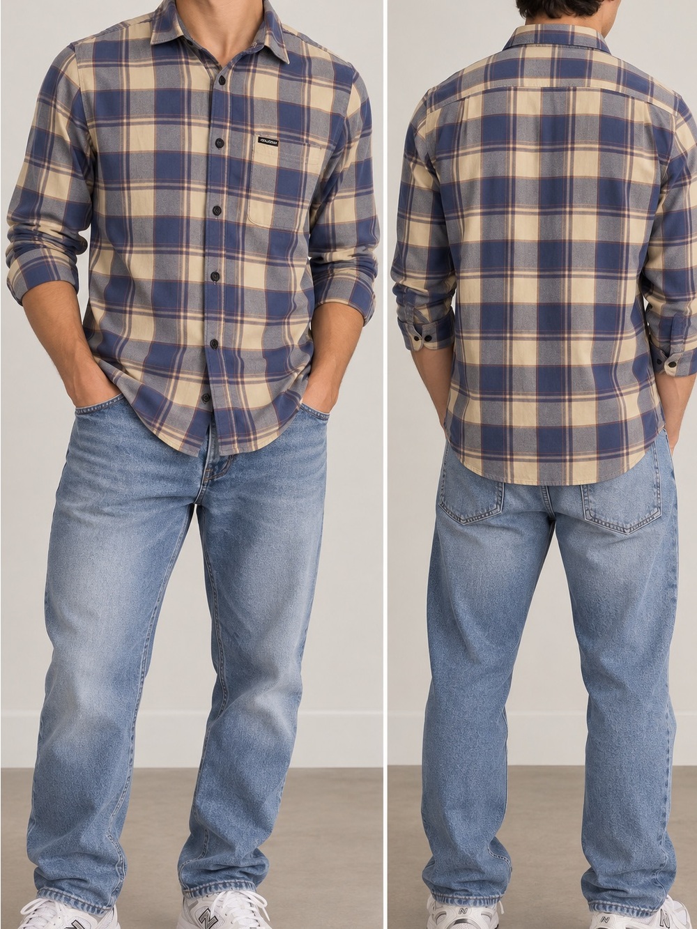 Volcom Modern Fit Blue Tan Plaid Cotton Button Up Shirt Men’s L